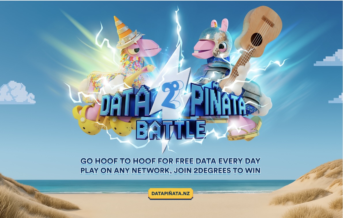Data Piñata Battle poster from 2degrees: a piñata in a traffic-cone hat faces one in a disco-ball helmet holding a guitar, above a beach
