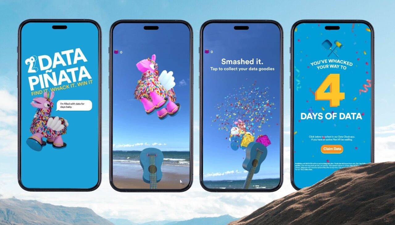 Four phone screens from 2degrees' Data Piñata: a title screen with a pink winged llama piñata and the line Find it. Whack it. Win it, the piñata floating in the sky above a beach with a blue ukulele as the whacker, a burst of confetti under Smashed it, and a screen reading You've whacked your way to 4 days of data