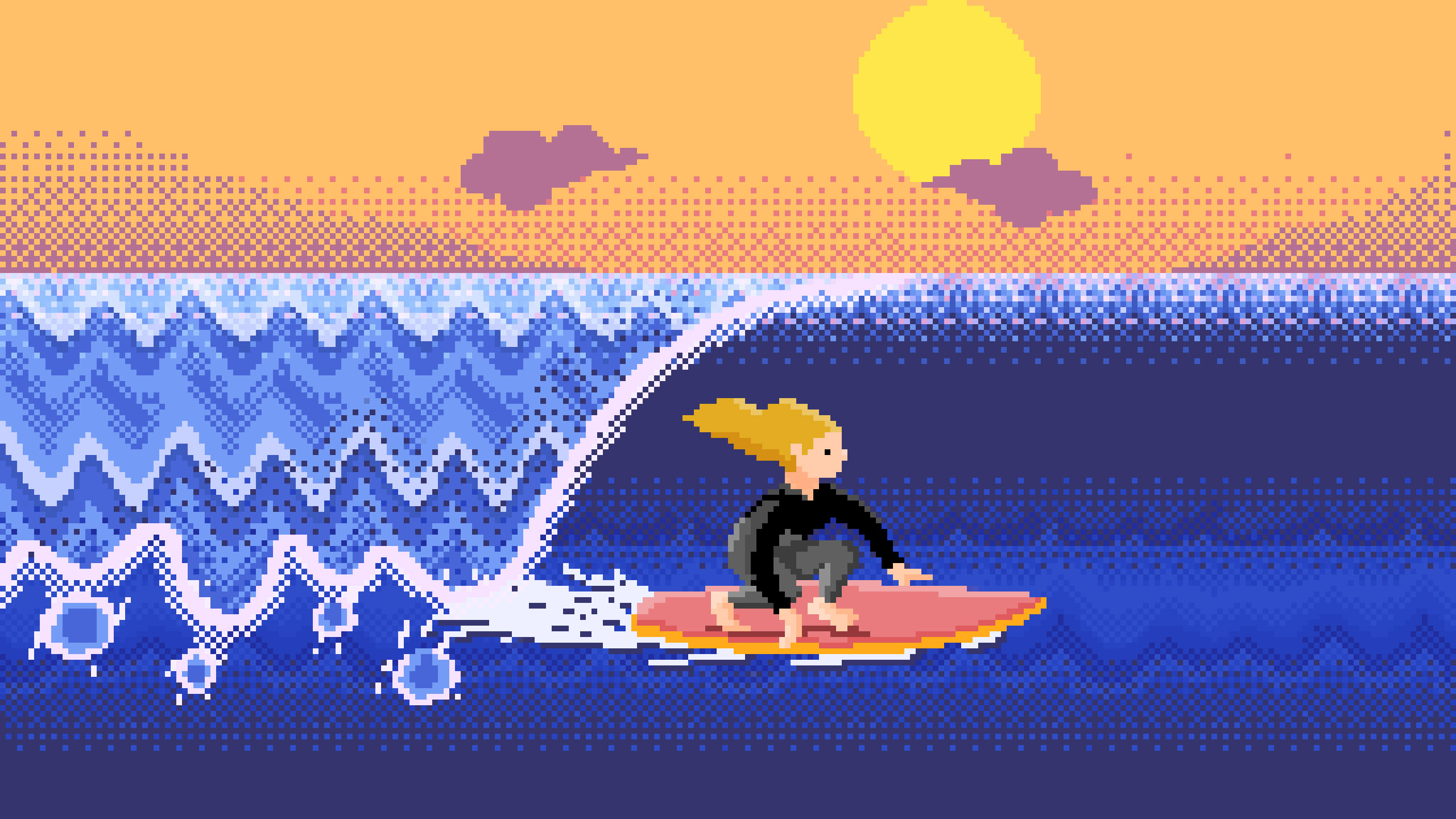 8-bit Tokyo Olympics for Sport New Zealand: a pixel-art surfer in a dark wetsuit crouches on a pink board inside a breaking blue wave, under an orange sky and a yellow sun