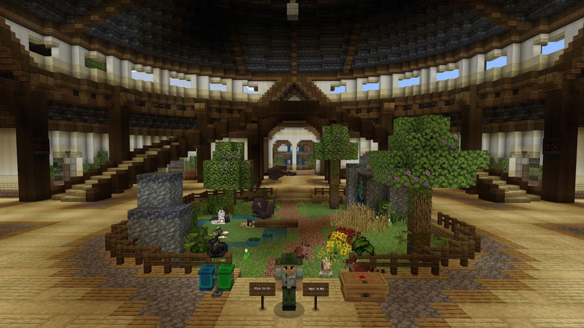 Minecraft National Park for The Nature Conservancy: a character in a green hat and uniform stands between two signs reading Talk to me, in front of a fenced indoor garden with trees, flowers and small animals inside a large timber hall