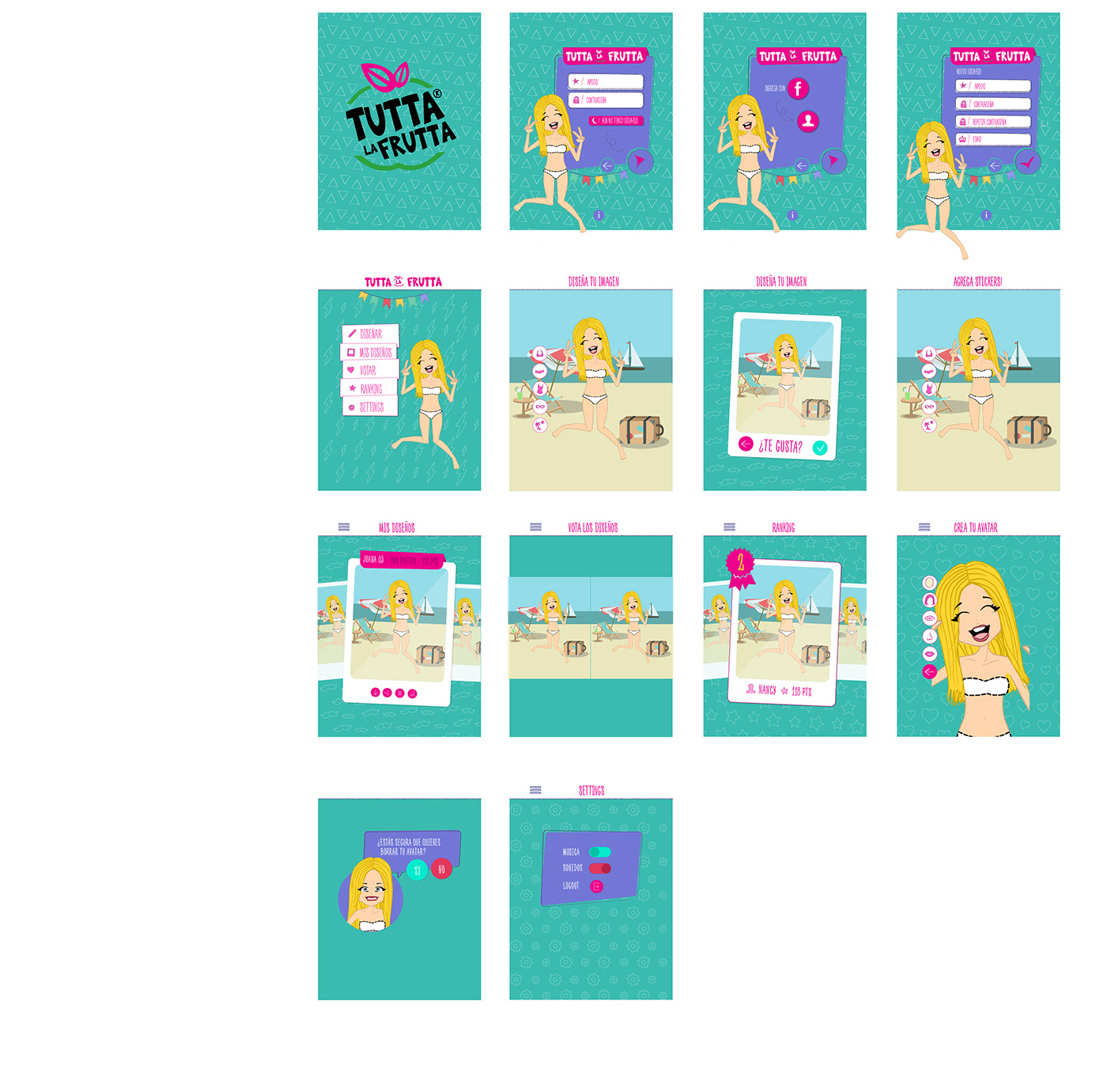 Screens from the Tutta La Frutta app: a cartoon blonde avatar in a white bikini on a beach backdrop beside wardrobe icons, with Spanish-language screens for designing, voting on designs, a ranking and creating an avatar