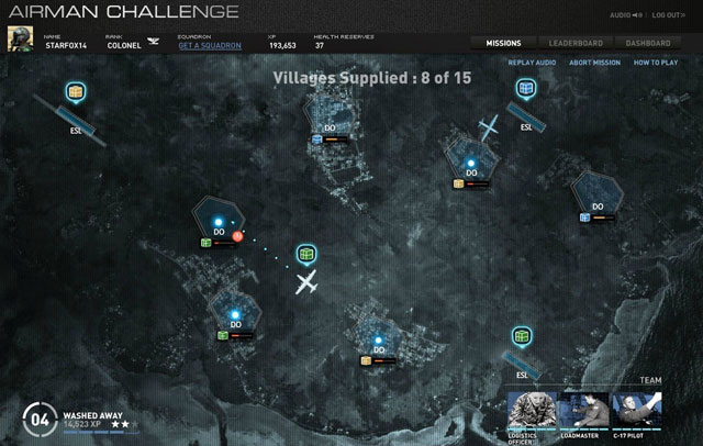 Mission map in the U.S. Air Force's Airman Challenge: a plane crosses a dark satellite view between marked villages, under a Villages Supplied 8 of 15 counter, with a logistics officer, loadmaster and C-17 pilot in the team panel