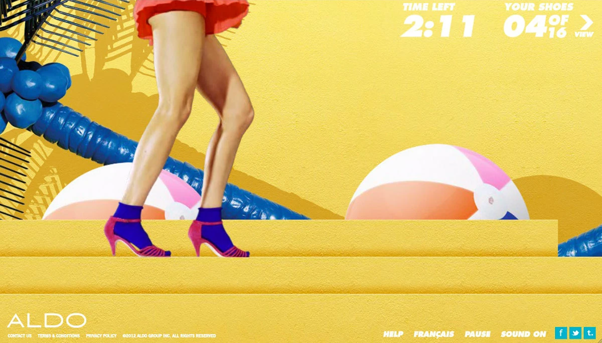 Legs in pink heels walk past beach balls in ALDO Shoe Paradise, with a timer and shoe counter