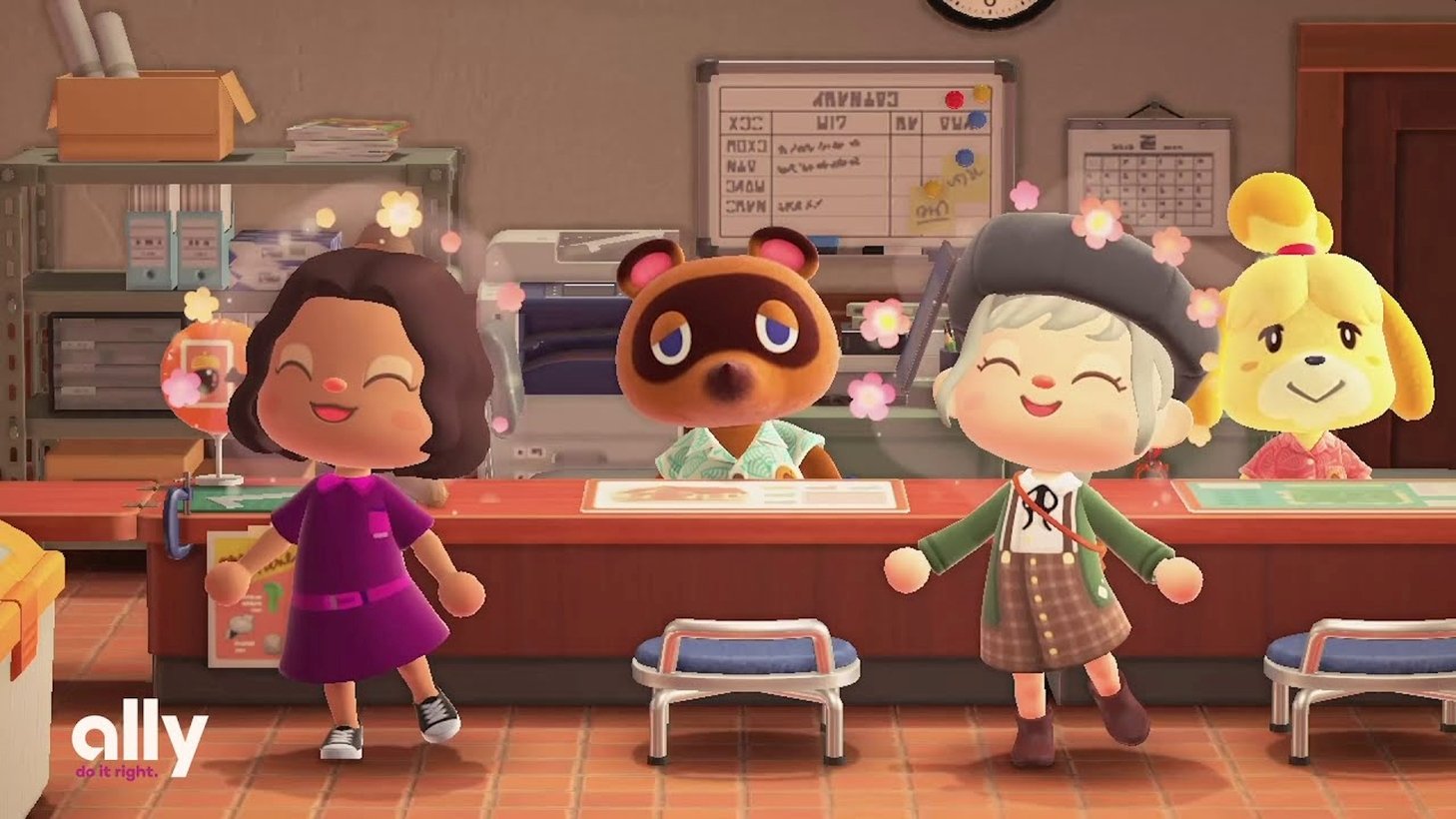 Two Animal Crossing player characters celebrating in front of a service counter staffed by Tom Nook and Isabelle, with the Ally logo in the corner, from Ally Island for Ally Bank
