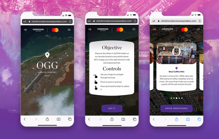 Aloha From Above for Hawaiian Airlines and Mastercard: three phones showing an aerial map of Kahului Airport on Maui, the objective and controls card, and a Maui Coffee Attic card with an Enter Sweepstakes button