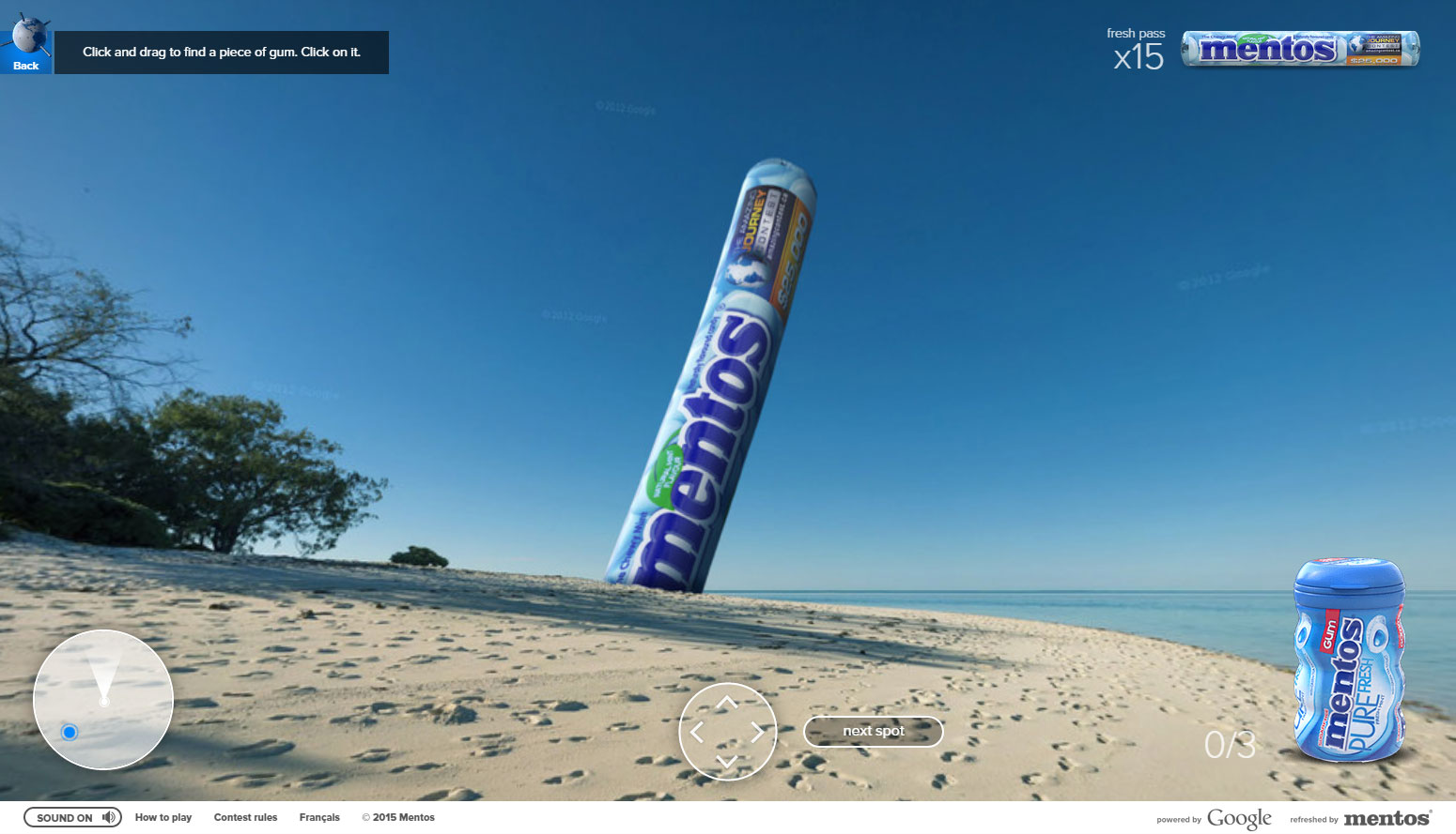 Mentos Amazing Journey Contest: a giant Mentos roll stands on a beach in Street View, with a prompt to click and drag to find a piece of gum and a fresh pass x15 counter