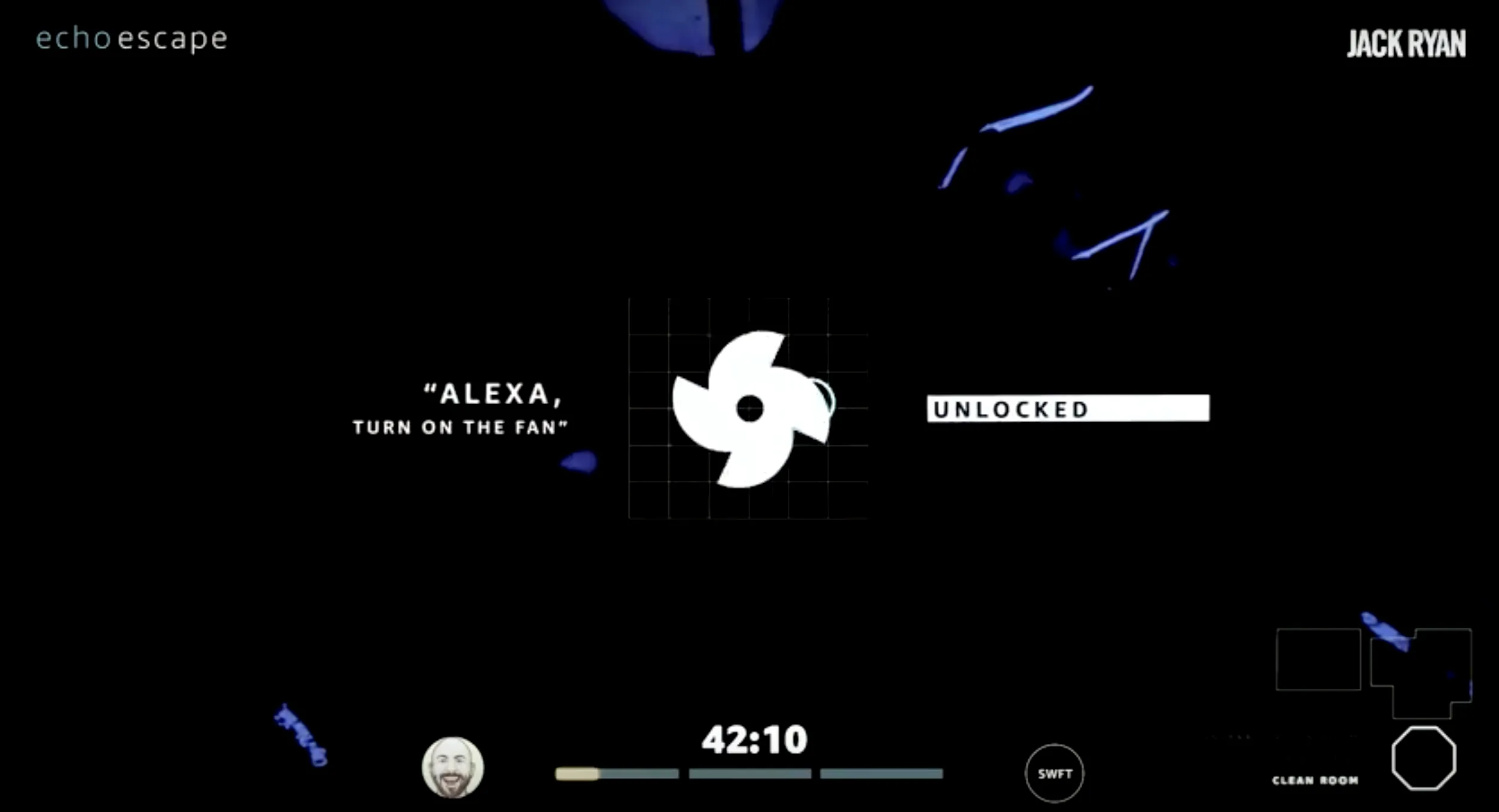 Echo Escape screen graphic for Amazon and Jack Ryan: the spoken command “Alexa, turn on the fan” beside a white fan icon and an Unlocked label, with a 42:10 timer and a progress bar at the bottom