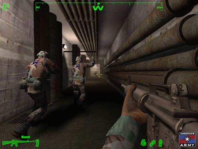 First-person view in America's Army: two soldiers in camouflage run down a pipe-lined tunnel ahead of the player's rifle, with the America's Army logo in the corner