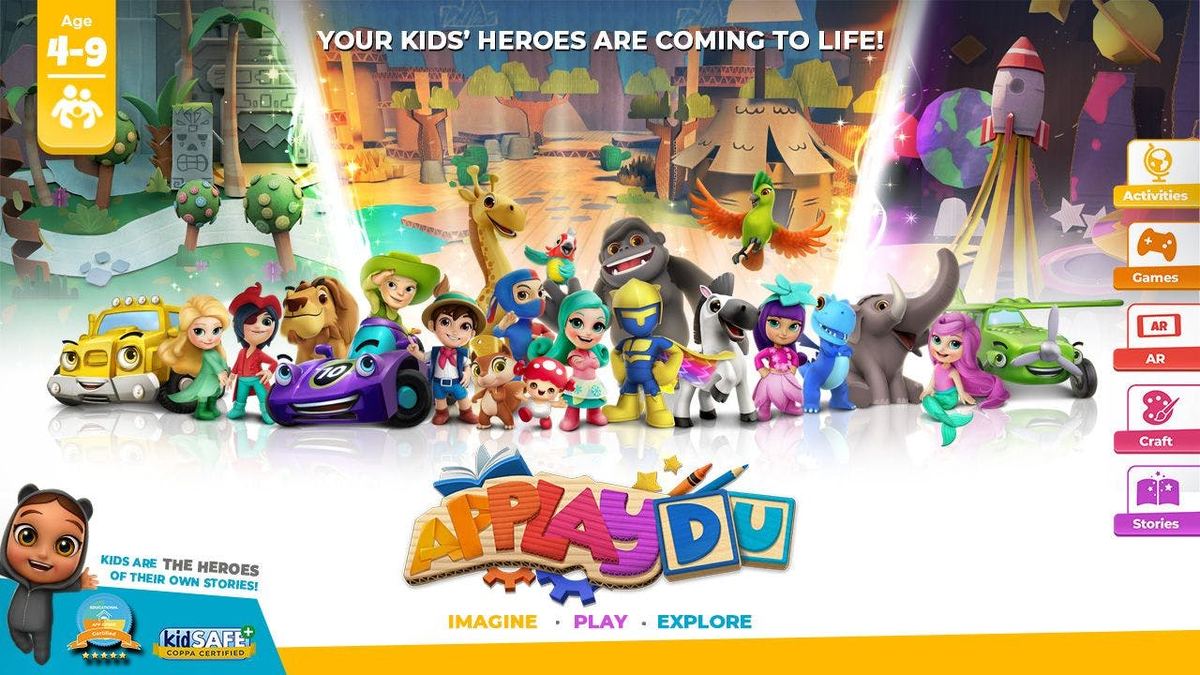 Kinder's Applaydu key art: a line-up of toy characters, from cars and a giraffe to a gorilla and a mermaid, plus an Age 4-9 label, Activities, Games, AR, Craft and Stories buttons and a kidSAFE+ COPPA Certified badge