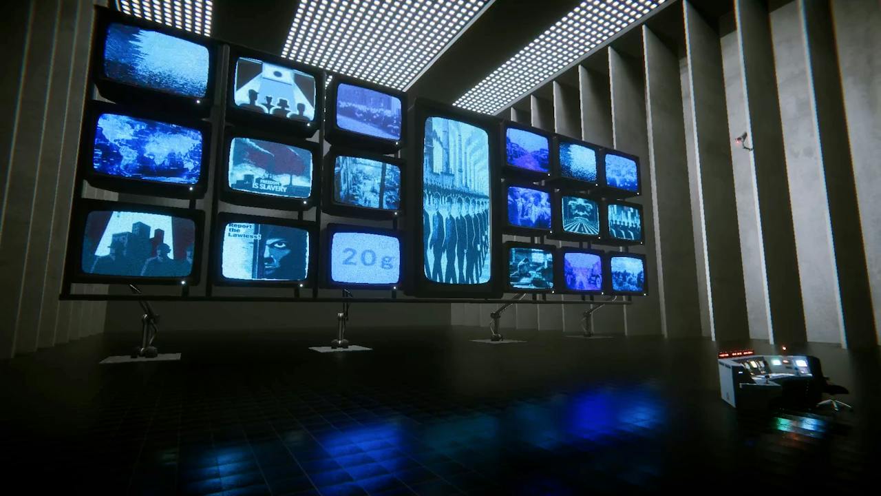 Truth HQ for Audible on Twitch: a dark hall with a wall of old television sets showing propaganda images, including screens reading Freedom is Slavery and Report the Lawless, beside a control desk