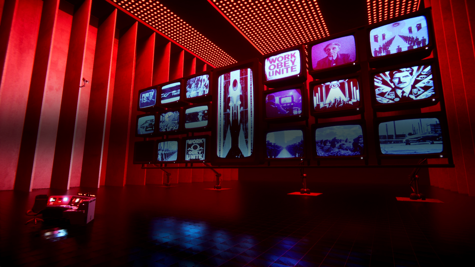 Truth HQ for Audible: a red-lit room where a wall of old television sets shows slogans such as Work Obey Unite and black-and-white images of uniformed figures, with a lit control desk in the corner