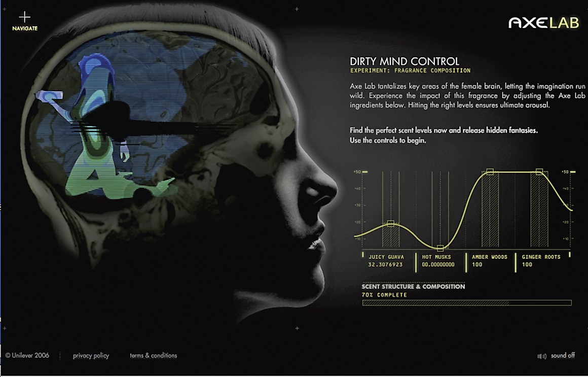 Axelab web screen for Axe with a head in profile beside a curve of four scent ingredient levels