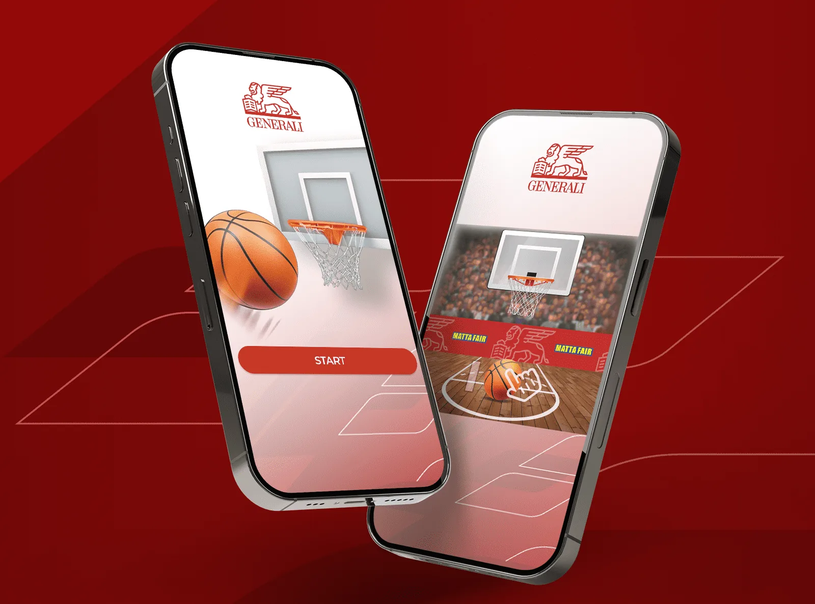 Two phones showing the MATTA Fair Slam Dunk start screen and basketball court for Generali