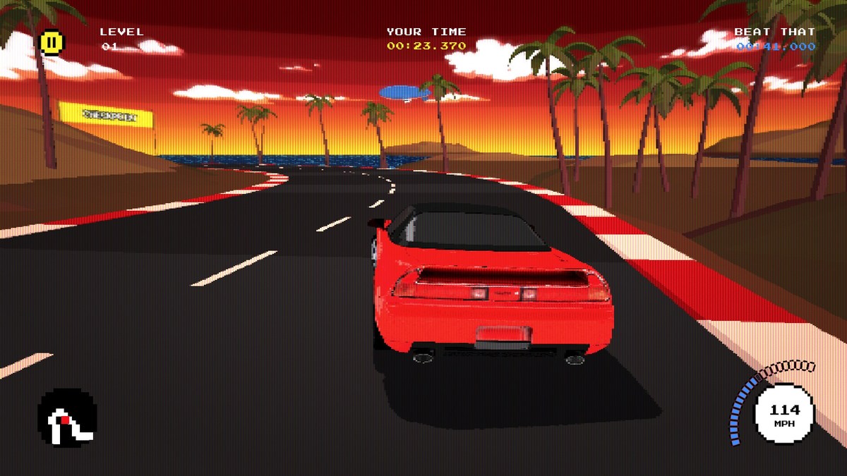 Beat That for Acura: a red sports car seen from behind on a pixel-art coastal track lined with palm trees at sunset, with the lap timer running against a Beat That target time and a speedometer reading 114 mph