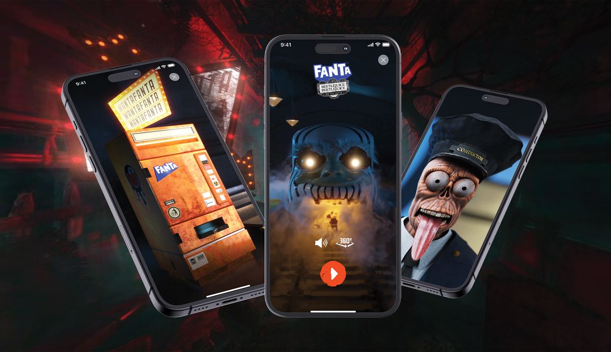 Three phone screens from Fanta's Escape The Afterlife Train: an orange Fanta vending machine, a glowing-eyed monster face at a tunnel entrance with a 360° icon and a play button, and a ghoulish train conductor