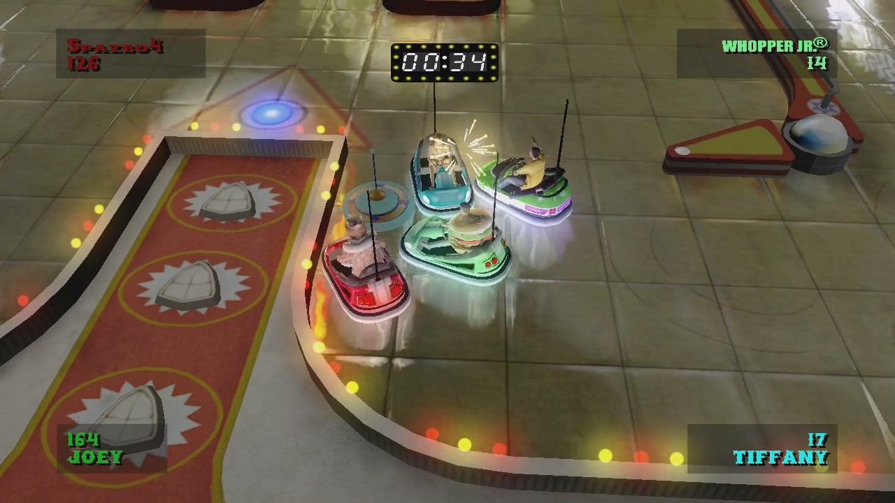 Four bumper cars collide beside a red lane marked with shield symbols in Burger King's Big Bumpin', one driven by a giant burger character, with a timer at 00:34 and player scores including Whopper Jr. in the corners
