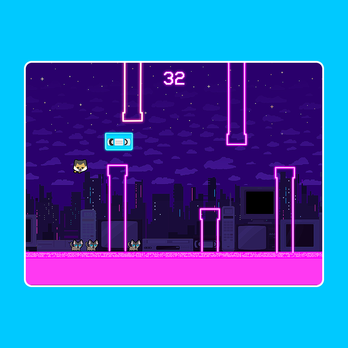 Billy Meets World for Lauv: a pixel-art dog's head flies towards neon pink pipes over a night city skyline, with old TVs, brick phones and a video recorder below, a video cassette icon and a score of 32