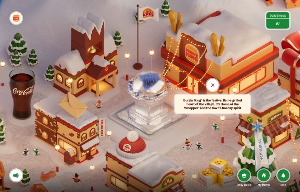 Snowy BK Village from Burger King with the restaurant, a post office, a Daily Streak counter and a Daily Deals button