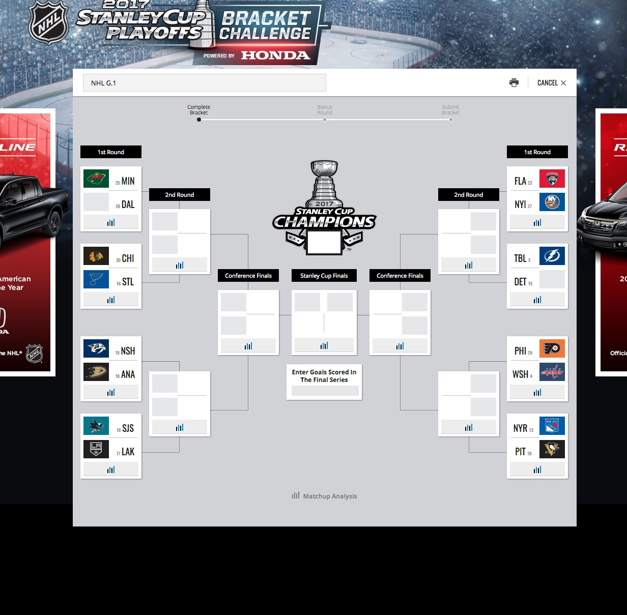 The NHL's 2017 Stanley Cup Playoffs Bracket Challenge, powered by Honda, on desktop: first-round matchups down both sides, empty boxes for later rounds up to the Stanley Cup Final, a field for goals scored in the final series and pickup-truck ads at the edges
