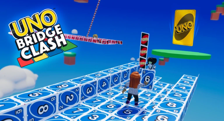 Bridge Clash for UNO on Roblox: an avatar on a bridge of blue numbered UNO cards, a column of face-down UNO cards ahead and a golden UNO card floating in the sky, with the game's logo top left