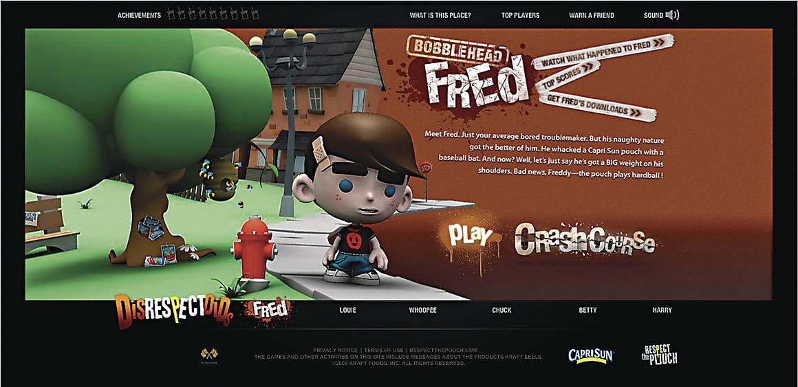 Disrespectoids character page for Bobblehead Fred, with a Play button for his Crash Course game, on Capri-Sun's Respect the Pouch site