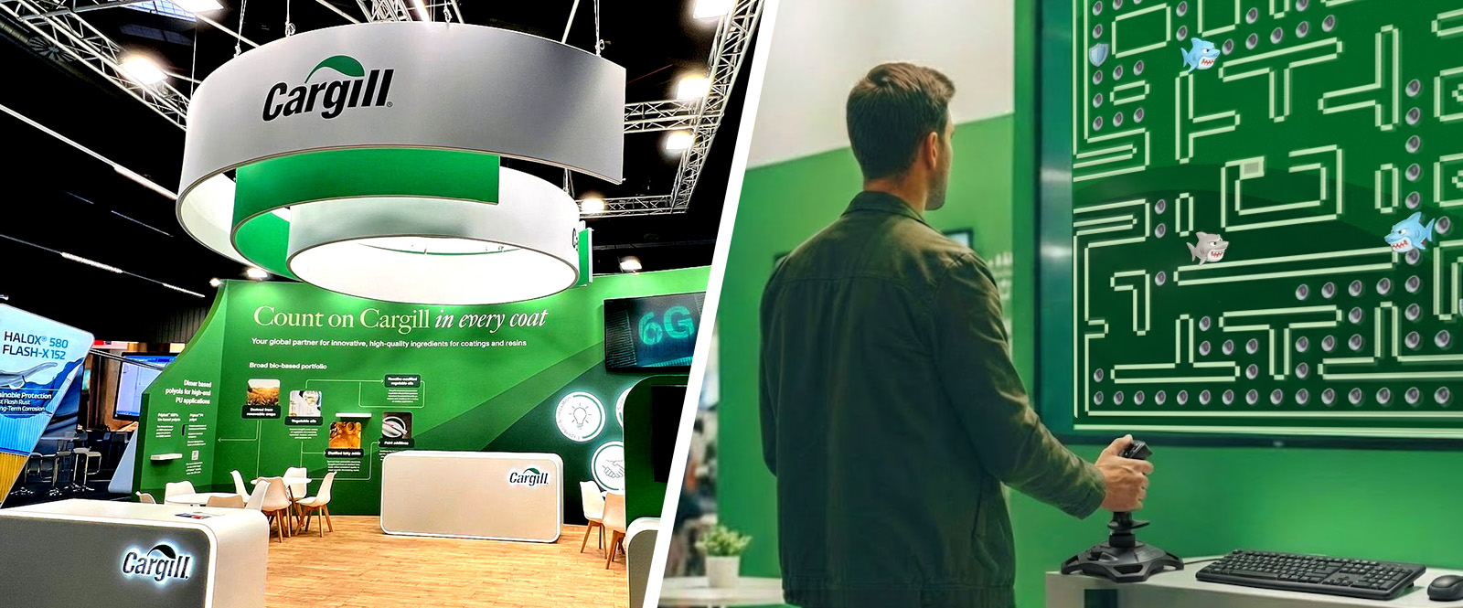 Two panels: a Cargill stand promoting ingredients for coatings and resins, and a man steering the shark maze game with a joystick
