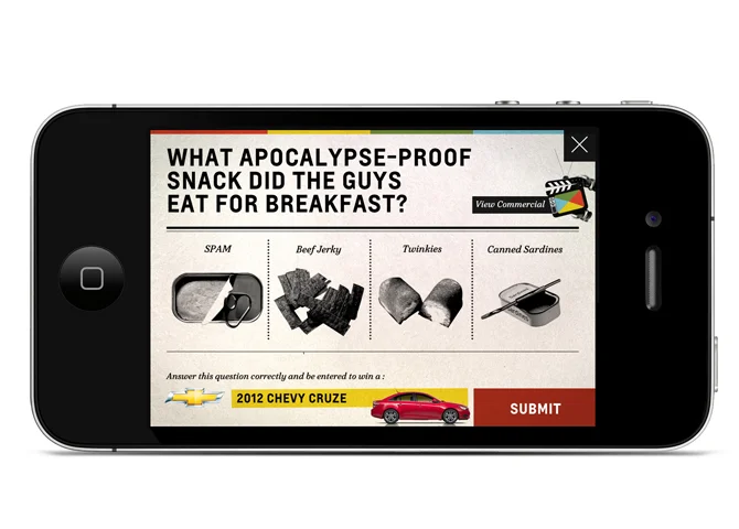 Game Time trivia question on a phone with four snack answers and a 2012 Chevy Cruze prize, for Chevrolet