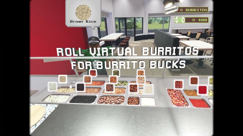 Chipotle's Burrito Builder on Roblox: the words Roll virtual burritos for Burrito Bucks over ingredient trays marked with icons, with a Brown Rice pop-up and counters for burritos and $BB