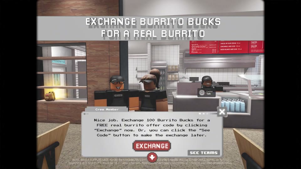 Roblox avatars in black crew caps stand in a virtual Chipotle restaurant as a crew member offers to exchange 100 Burrito Bucks for a free real burrito code in Chipotle's Burrito Builder