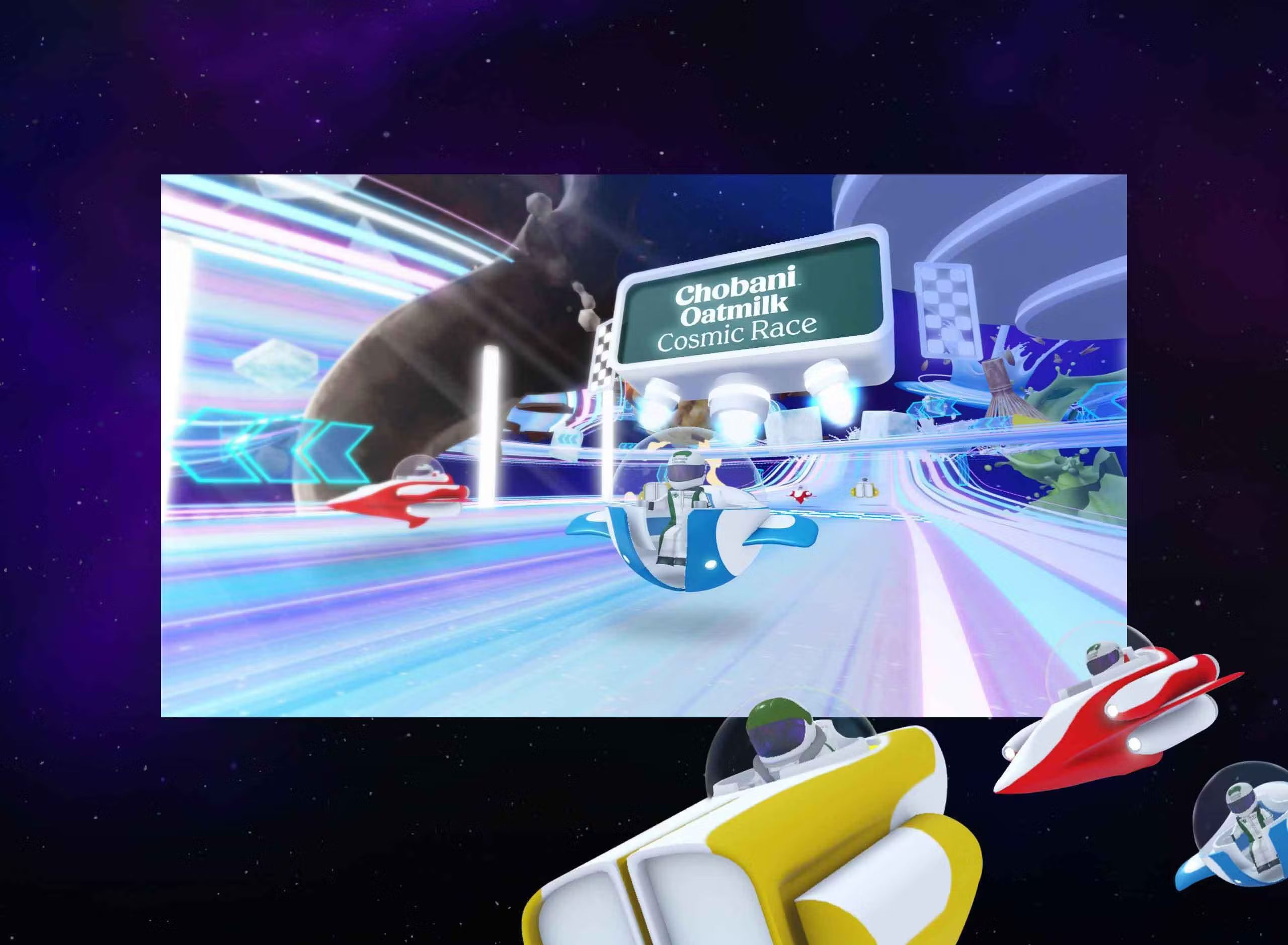 Chobani Oatmilk Cosmic Race screenshot of a racer in a domed ship on a glowing track under the race's sign, set against stars with three more ships