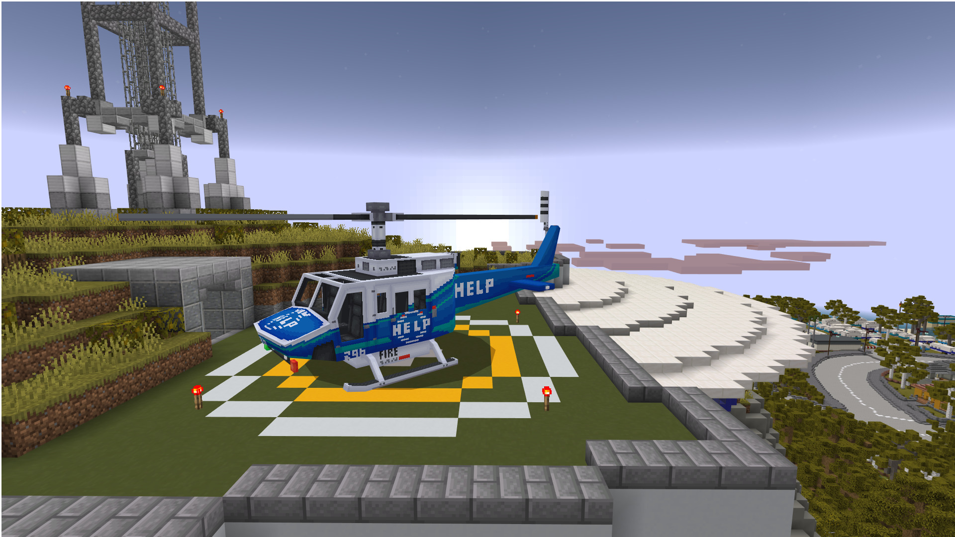 Minecraft helicopter marked Help on a helipad in the Climate Warriors world for NRMA Insurance