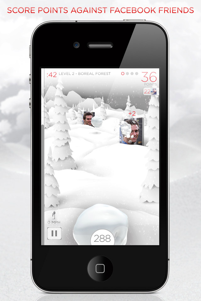 Snowball Effect for Coca-Cola on a phone, with a snowball splattering a face photo in a snowy forest level