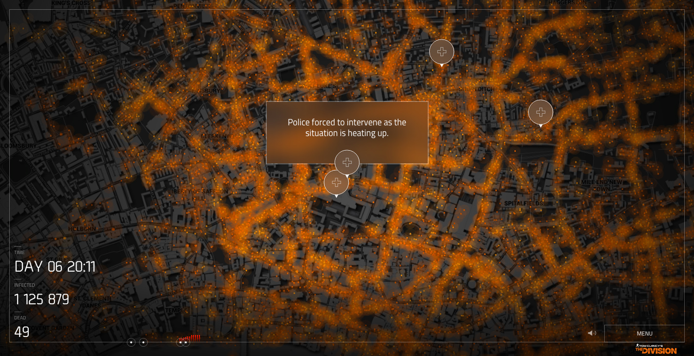 Collapse for The Division: a map of central London glowing orange with infection, medical-cross markers, the alert Police forced to intervene as the situation is heating up, and counters for day 6, 1,125,879 infected and 49 dead