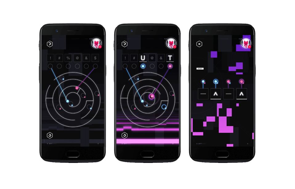Three phones showing OnePlus Crackables puzzles: circular mazes with glowing pink and blue dots linked to a row of symbol slots, letters U and T revealed, and a purple pixel-glitch screen with four input boxes showing dashes and carets