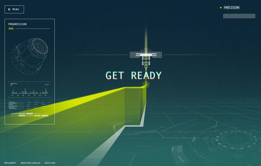 SNCF's Engineers' Challenge 3 screen reading Get Ready, with a glowing track, a progression panel and a precision meter
