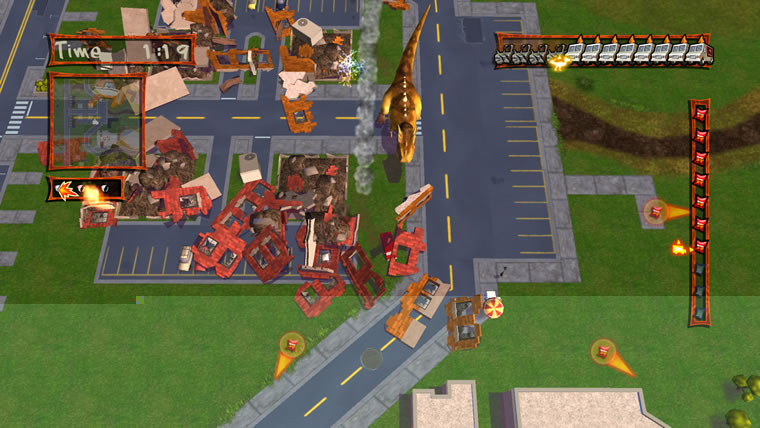 Doritos Dash of Destruction seen from above: a dinosaur stomps through a town of wrecked buildings, with a timer at top left, a row of truck icons along the top and a column of red icons on the right
