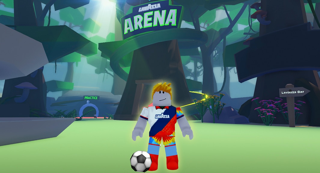 Lavazza's Deforestation Field on Roblox: an avatar in a white Lavazza football kit with a red, orange and yellow feather pattern stands by a football in a jungle clearing under a Lavazza Arena sign, with a Practice portal on the left and a Lavazza Bar signpost on the right