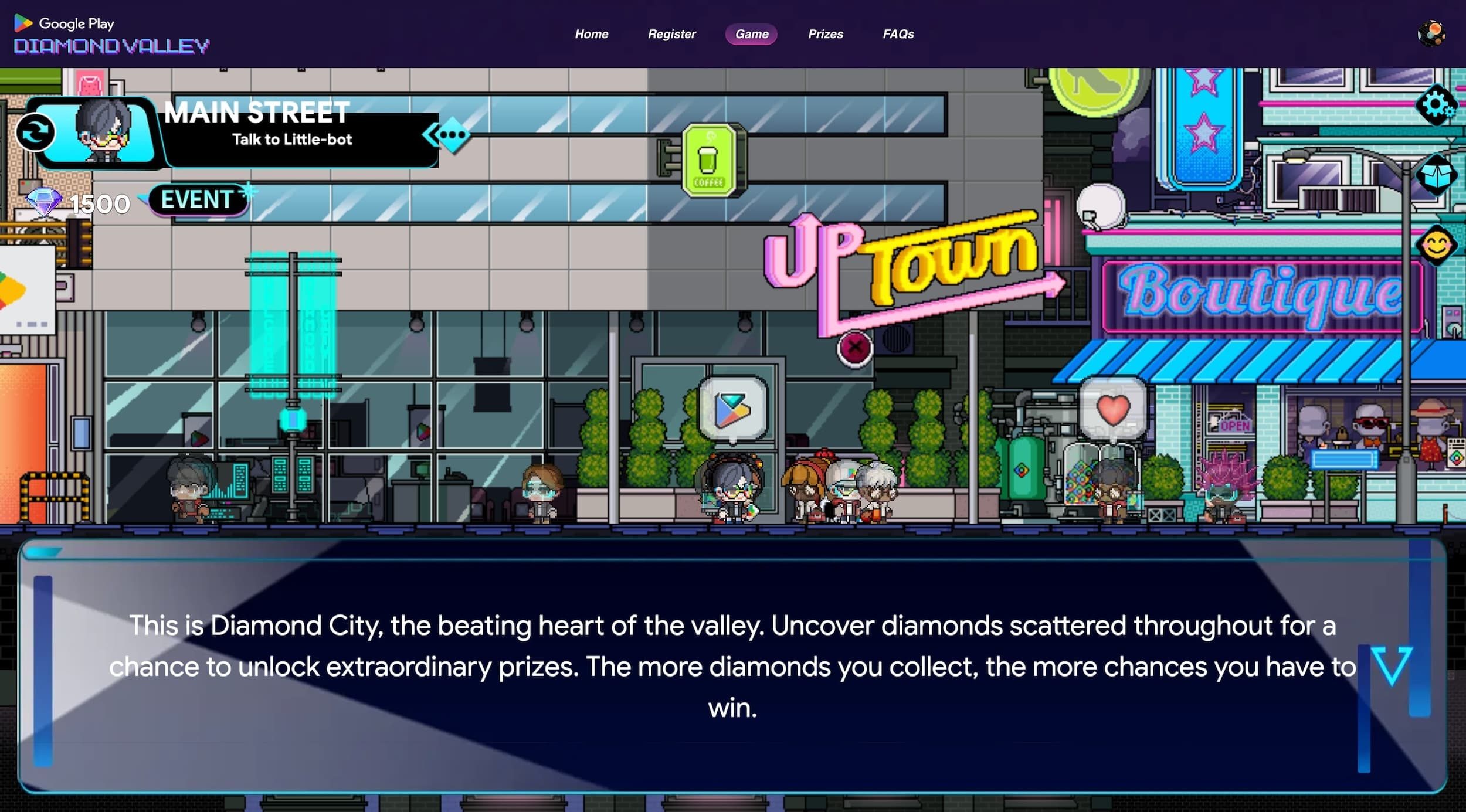 Diamond Valley for Google Play: pixel-art avatars on Main Street beside an Up Town sign and a boutique, a diamond counter at 1,500, a quest to talk to Little-bot and a text box saying the more diamonds you collect, the more chances you have to win