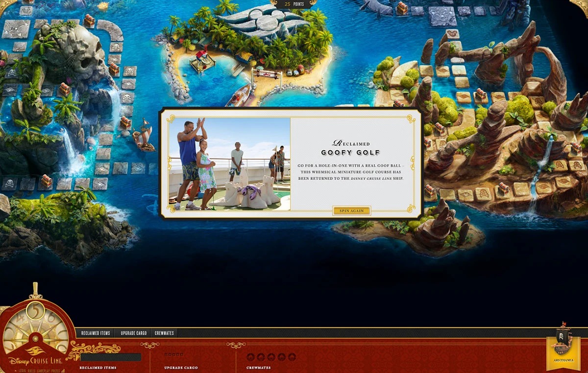 Disney Cruise Adventure board of jungle and rock islands linked by stepping-stone paths, with a pop-up reading Reclaimed Goofy Golf and a Spin Again button above a Disney Cruise Line bar with Upgrade Cargo and Crewmates tabs