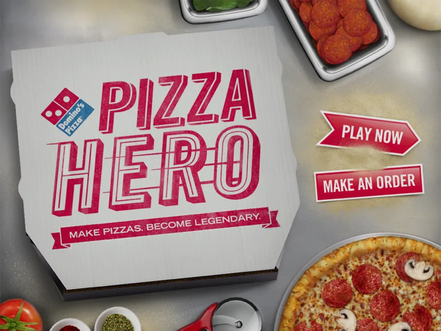 Pizza Hero start screen for Domino's: the logo on a pizza box beside Play Now and Make an Order buttons