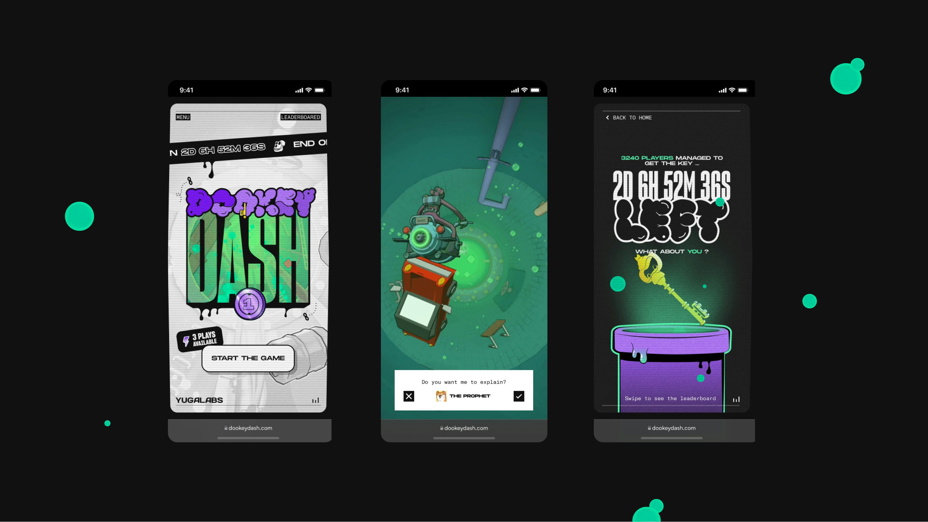 Three phone screens from Yuga Labs' Dookey Dash: the start screen with a leaderboard button, a top-down run through a green sewer, and a countdown screen inviting players to swipe to the leaderboard