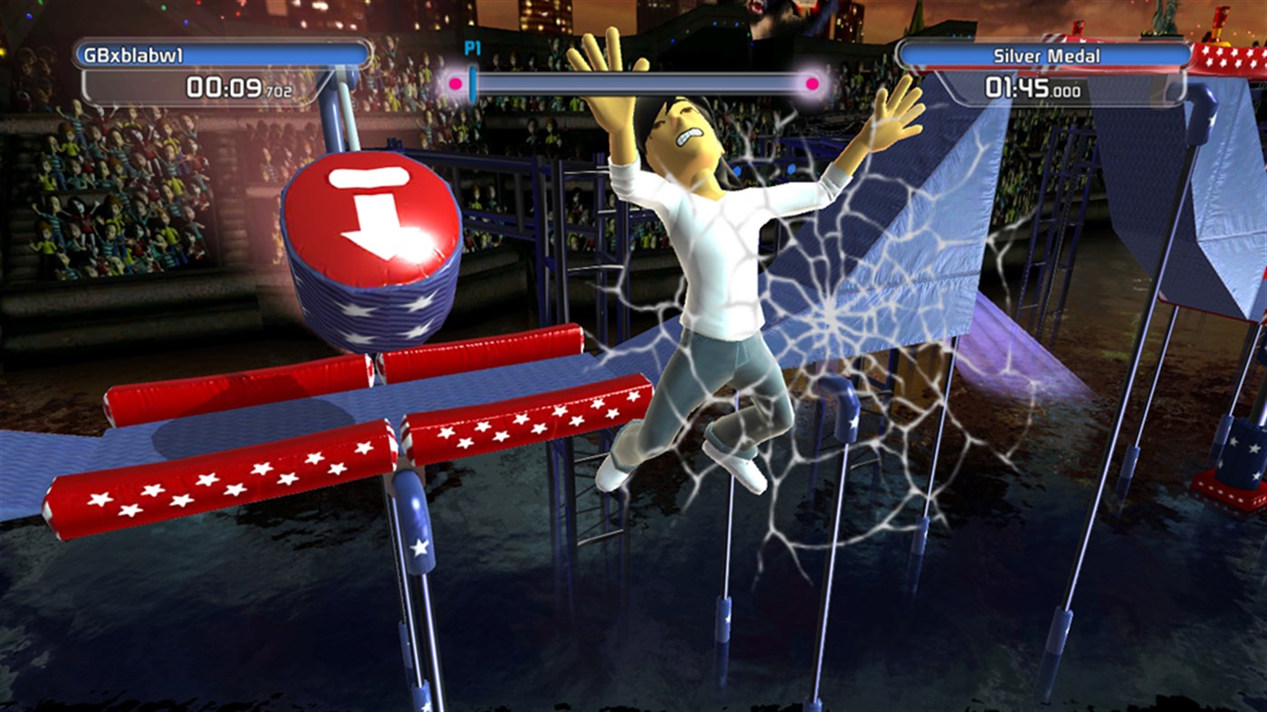 Doritos Crash Course on Xbox: an avatar in a white top crashes through a cracking glass panel beside a red button with a white arrow, with a 00:09 timer and a Silver Medal time of 01:45 on screen