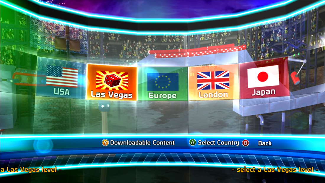 Doritos Crash Course country menu with five flag tiles labelled USA, Las Vegas, Europe, London and Japan, and button prompts for Downloadable Content and Select Country; the Las Vegas and London tiles come from the 2013 City Lights add-on