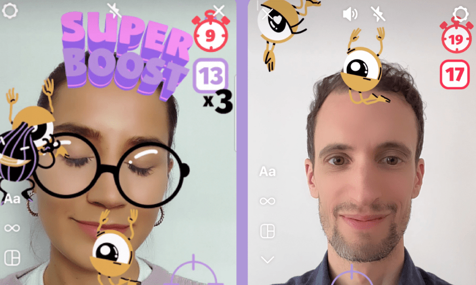 Two front-camera screens from Dynoptic's Eyecatcher: a woman with her eyes shut wearing virtual round glasses below a Super Boost banner and a x3 multiplier, and a man with a cartoon eyeball on his head, each with a timer and score in the corner