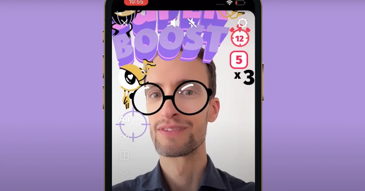 Eyecatcher for Dynoptic on a phone screen: a man's face with virtual round glasses, a cartoon eye and a Super Boost banner