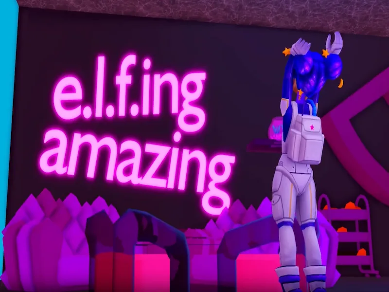 A blue-haired Roblox avatar raises its arms beside a pink neon 'e.l.f.ing amazing' sign in e.l.f. Cosmetics' e.l.f. UP!