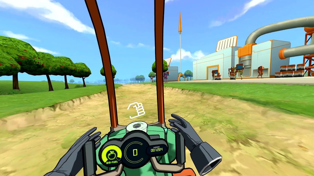 First-person view from the motorbike in Netflix's Eden Unearthed: gloved hands at the handlebars, a dashboard with a bio-fuel gauge marked with an apple and a distance counter, and a dirt track past apple trees, robots and a factory