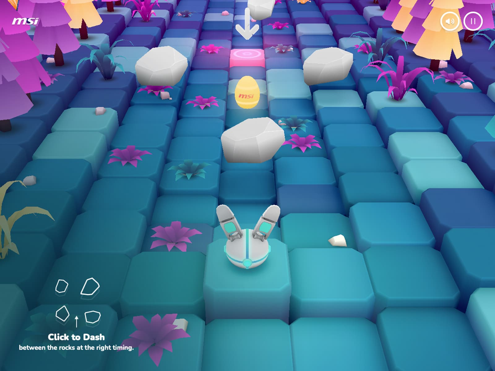 Egg Hunt for MSI: a white robot rabbit seen from behind on a path of teal blocks, with white rocks and a yellow MSI egg ahead and the tip Click to Dash between the rocks at the right timing