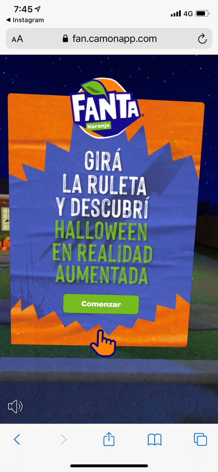 Phone browser showing the Halloween Web 360° & AR start screen for Fanta, with a spin-the-wheel prompt in Spanish