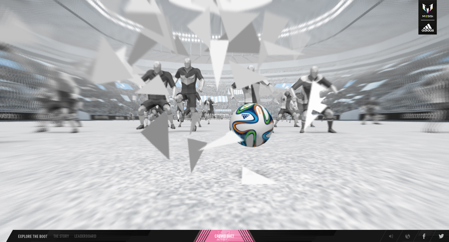 Fast or Fail by adidas: a football in the foreground among grey low-poly shards, with faceless players behind it in a stadium, Messi and adidas logos at top right, and a bottom bar with Explore the Boot, The Story, Leaderboard, a pink Crowd Buzz tab and Facebook and Twitter icons